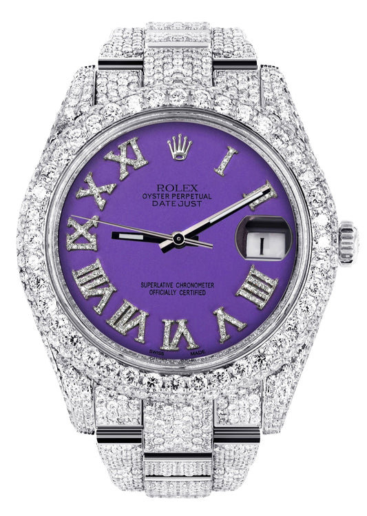 Womens Diamond Iced Out Rolex Datejust 41 | 25 Carats Of Diamonds | Custom Purple Roman Numeral Diamond Dial | Two Row | Oyster Band