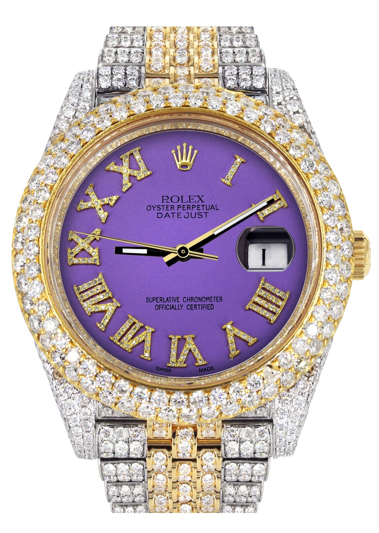 Womens Diamond Iced Out Rolex Datejust 41 | 25 Carats Of Diamonds | Custom Purple Roman Numeral Diamond Dial | Two Tone | Two Row | Jubilee Band