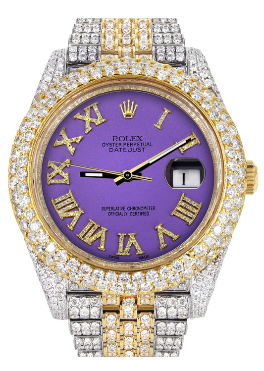 Womens Diamond Iced Out Rolex Datejust 41 | 25 Carats Of Diamonds | Custom Purple Roman Numeral Diamond Dial | Two Tone | Two Row | Jubilee Band