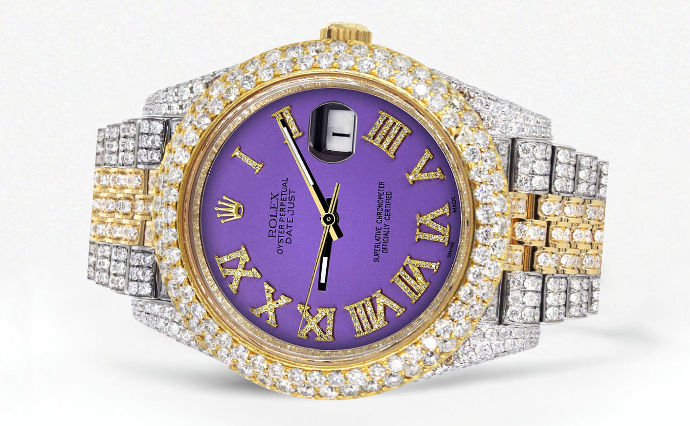 Womens Diamond Iced Out Rolex Datejust 41 | 25 Carats Of Diamonds | Custom Purple Roman Numeral Diamond Dial | Two Tone | Two Row | Jubilee Band