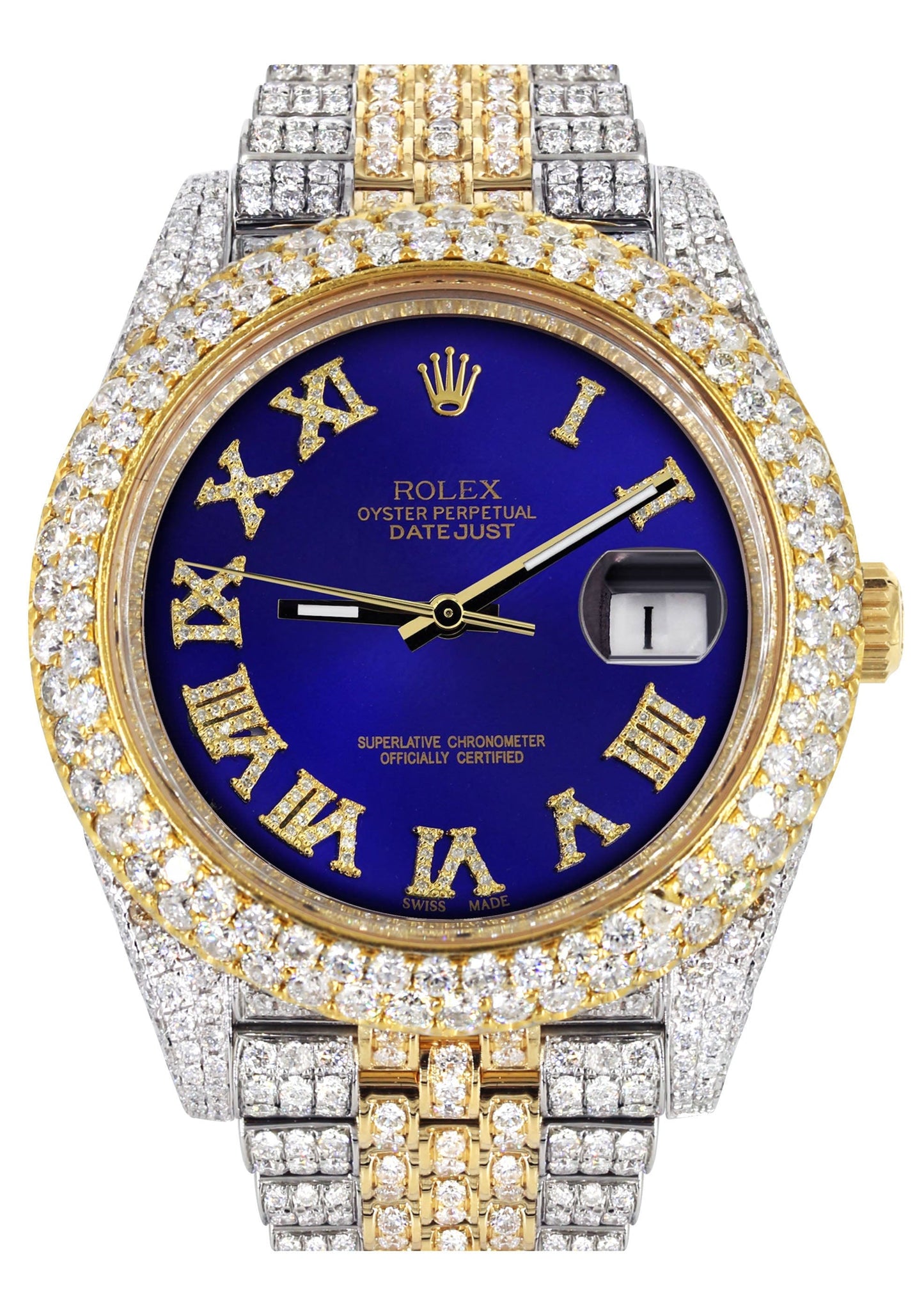 Womens Diamond Iced Out Rolex Datejust 41 | 25 Carats Of Diamonds | Custom Royal Blue Roman Numeral Diamond Dial | Two Tone | Two Row | Jubilee Band