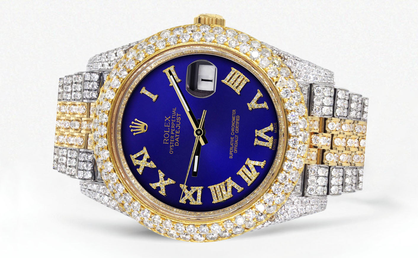 Womens Diamond Iced Out Rolex Datejust 41 | 25 Carats Of Diamonds | Custom Royal Blue Roman Numeral Diamond Dial | Two Tone | Two Row | Jubilee Band