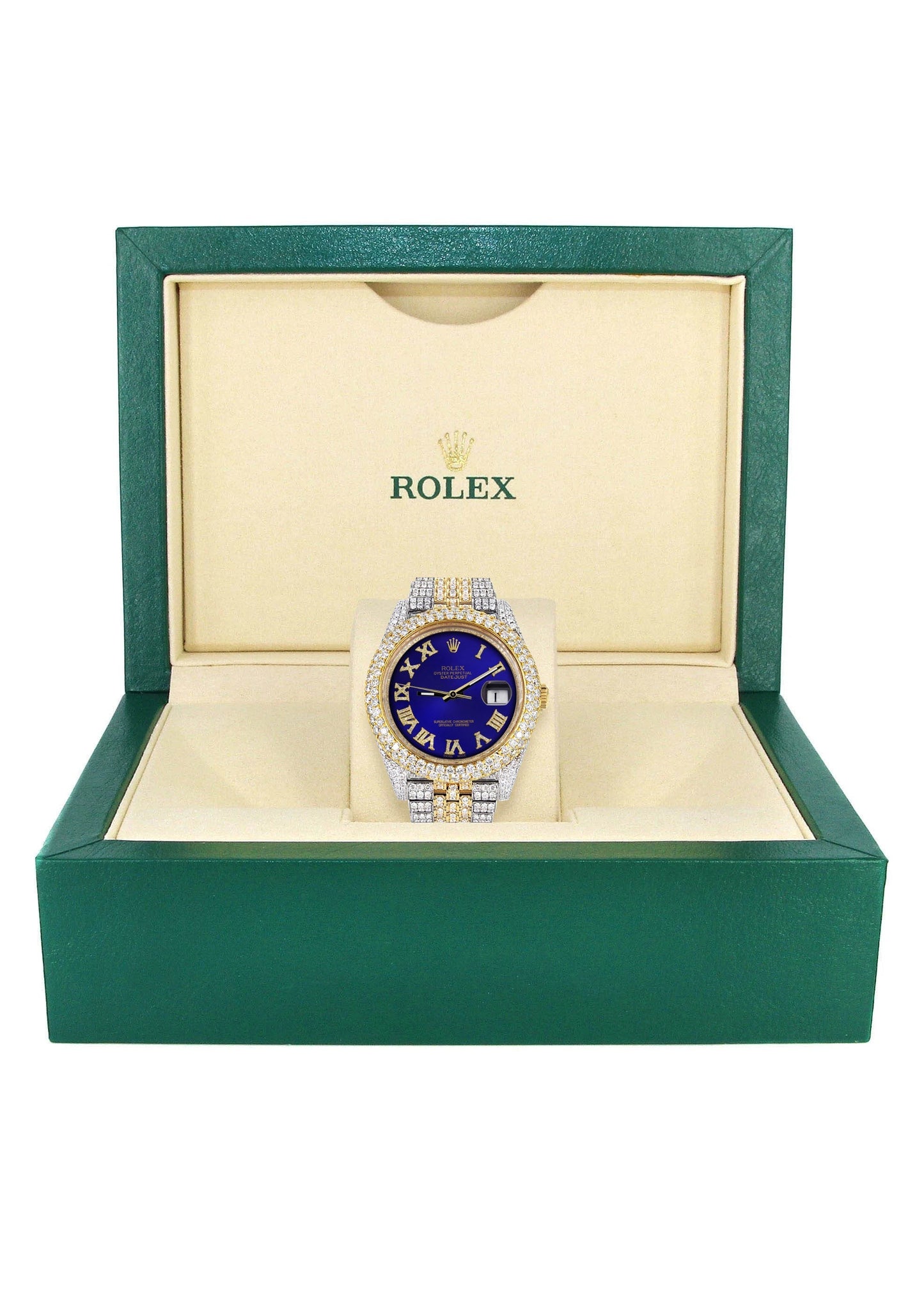 Womens Diamond Iced Out Rolex Datejust 41 | 25 Carats Of Diamonds | Custom Royal Blue Roman Numeral Diamond Dial | Two Tone | Two Row | Jubilee Band