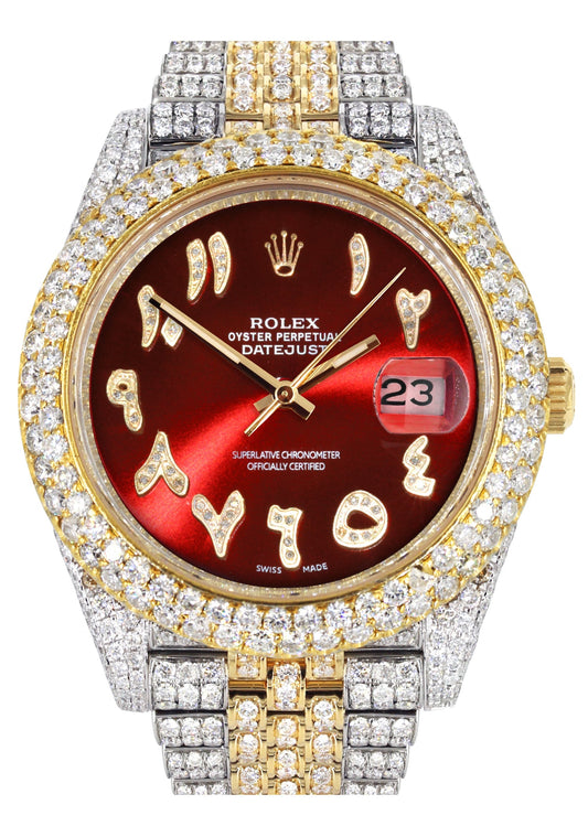 Womens Diamond Iced Out Rolex Datejust 41 | 25 Carats Of Diamonds | Custom Red Arabic Numeral Diamond Dial | Two Tone | Two Row | Jubilee Band