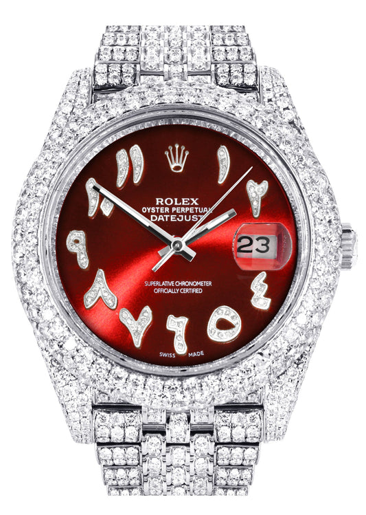Womens Diamond Iced Out Rolex Datejust 41 | 25 Carats Of Diamonds | Custom Red Arabic Numeral Diamond Dial | Two Row | Jubilee Band