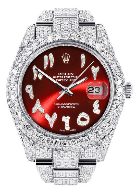 Womens Diamond Iced Out Rolex Datejust 41 | 25 Carats Of Diamonds | Custom Red Arabic Numeral Diamond Dial | Two Row | Oyster Band