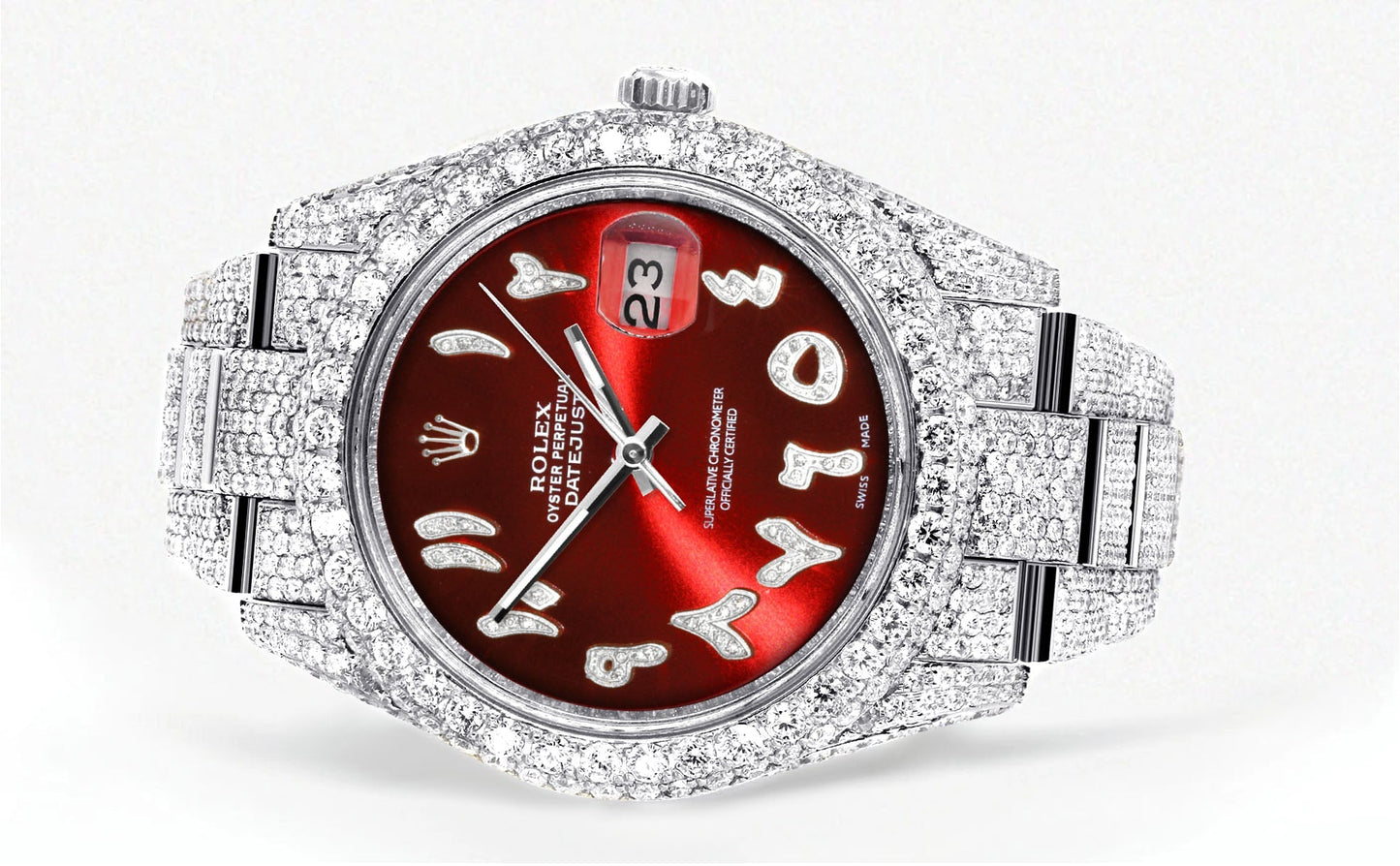 Womens Diamond Iced Out Rolex Datejust 41 | 25 Carats Of Diamonds | Custom Red Arabic Numeral Diamond Dial | Two Row | Oyster Band