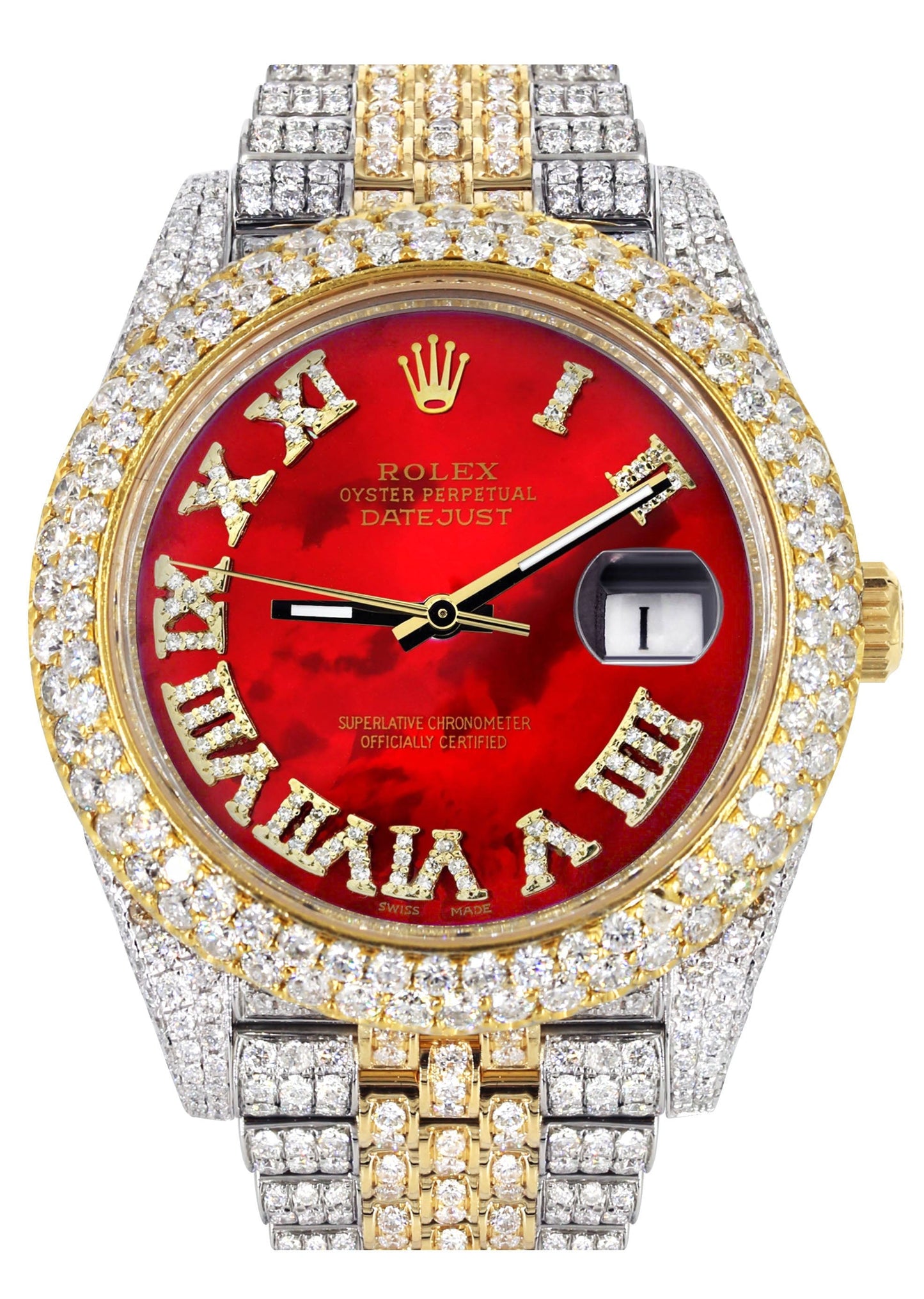 Womens Diamond Iced Out Rolex Datejust 41 | 25 Carats Of Diamonds | Custom Red Mother of Pearl Roman Numeral Diamond Dial | Two Tone | Two Row | Jubilee Band