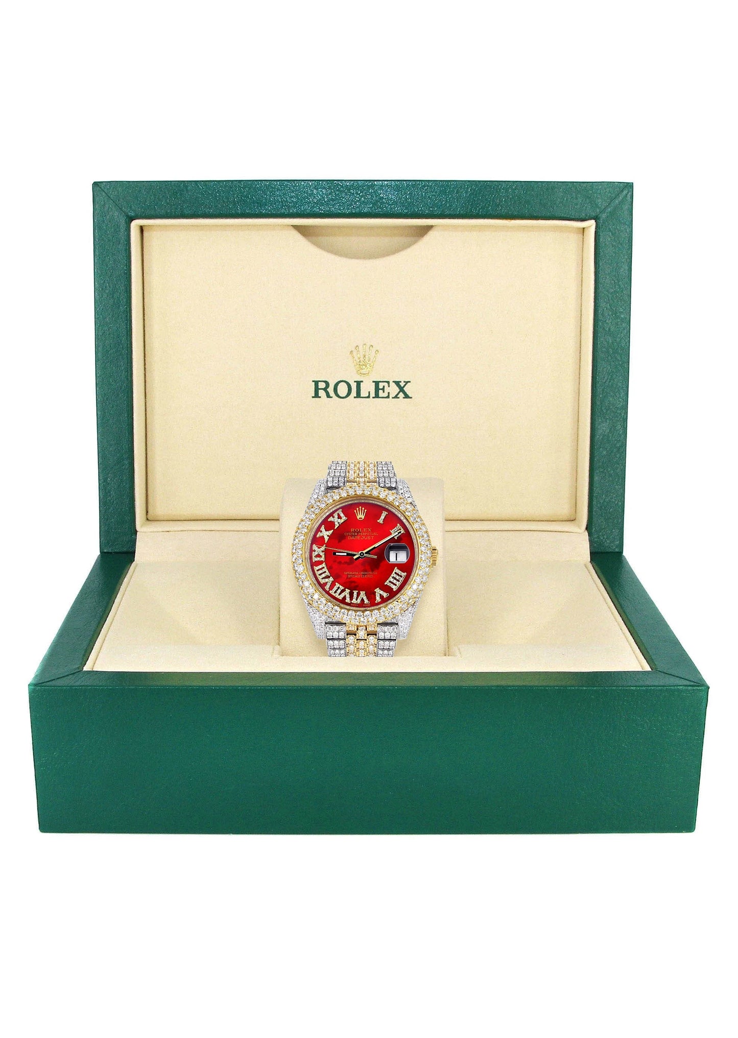 Womens Diamond Iced Out Rolex Datejust 41 | 25 Carats Of Diamonds | Custom Red Mother of Pearl Roman Numeral Diamond Dial | Two Tone | Two Row | Jubilee Band