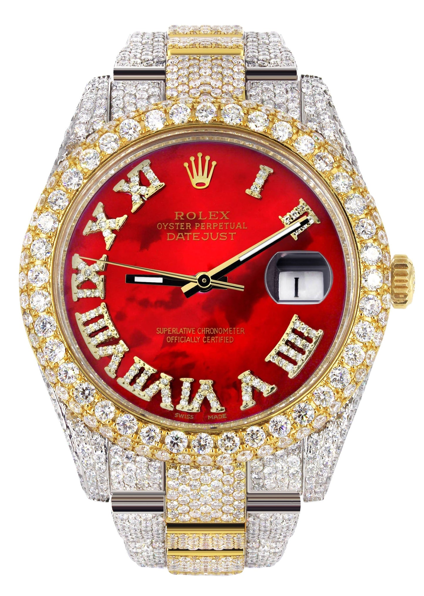 Womens Diamond Iced Out Rolex Datejust 41 | 25 Carats Of Diamonds | Custom Red Mother of Pearl Roman Numeral Diamond Dial | Two Tone | Two Row | Oyster Band