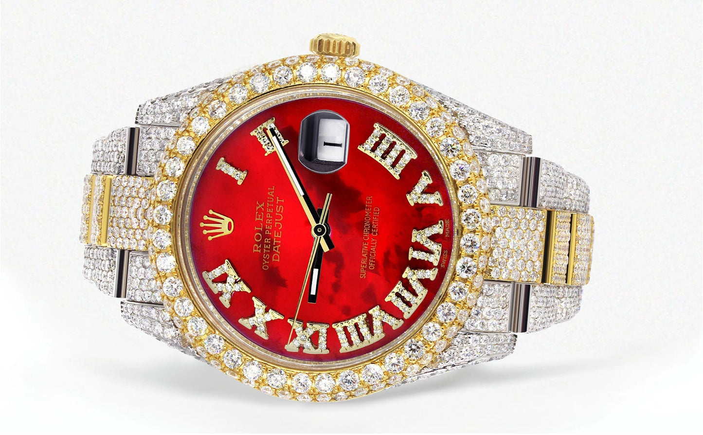 Womens Diamond Iced Out Rolex Datejust 41 | 25 Carats Of Diamonds | Custom Red Mother of Pearl Roman Numeral Diamond Dial | Two Tone | Two Row | Oyster Band