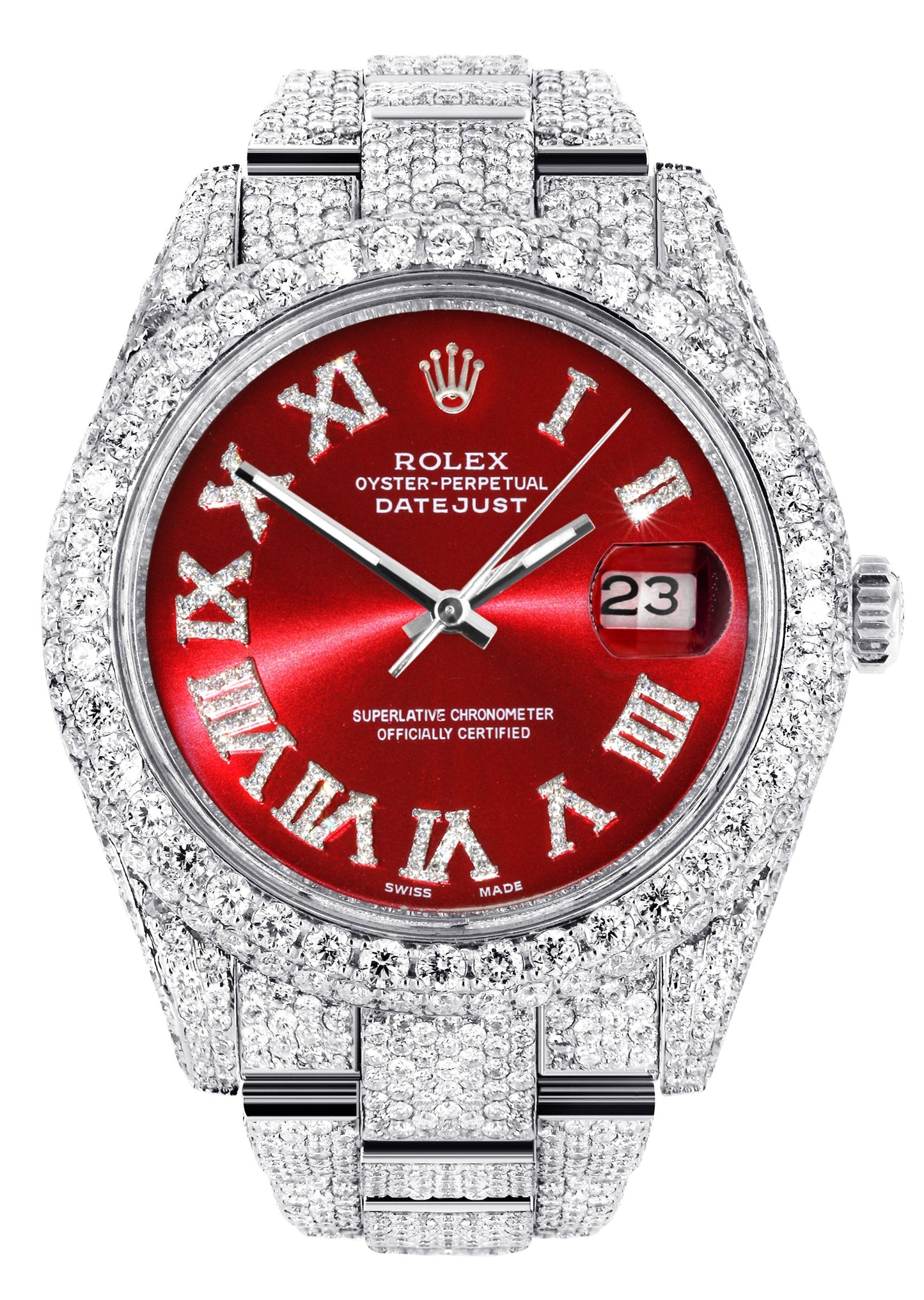 Womens Diamond Iced Out Rolex Datejust 41 | 25 Carats Of Diamonds | Custom Red Roman Numeral Diamond Dial | Two Row | Oyster Band