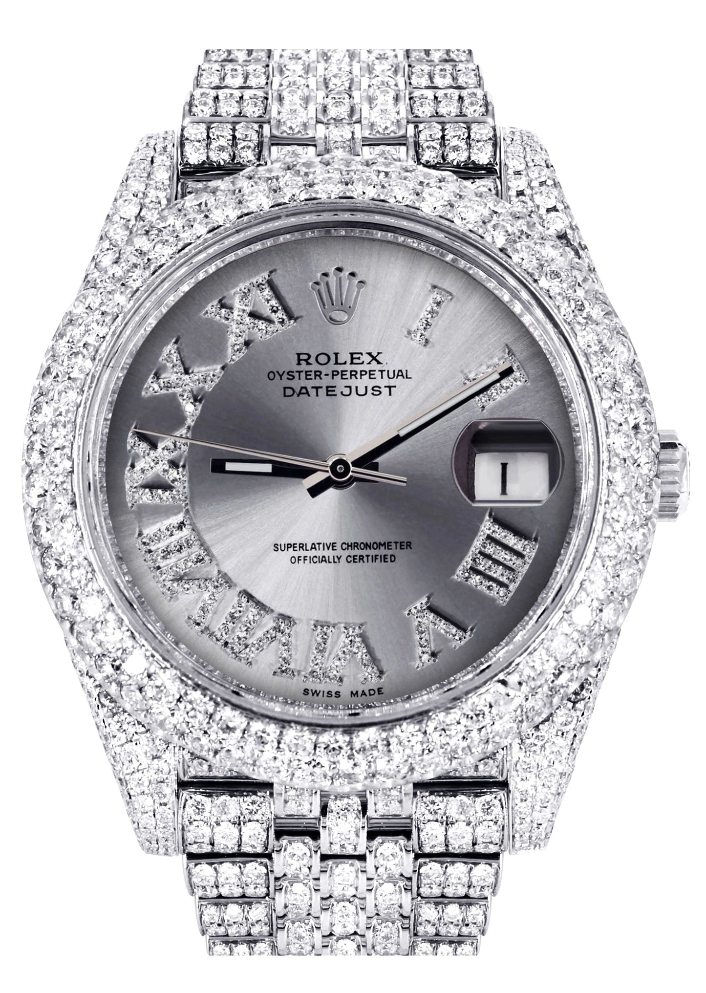 Womens Diamond Iced Out Rolex Datejust 41 | 25 Carats Of Diamonds | Custom Silver Roman Numeral Diamond Dial | Two Row | Jubilee Band
