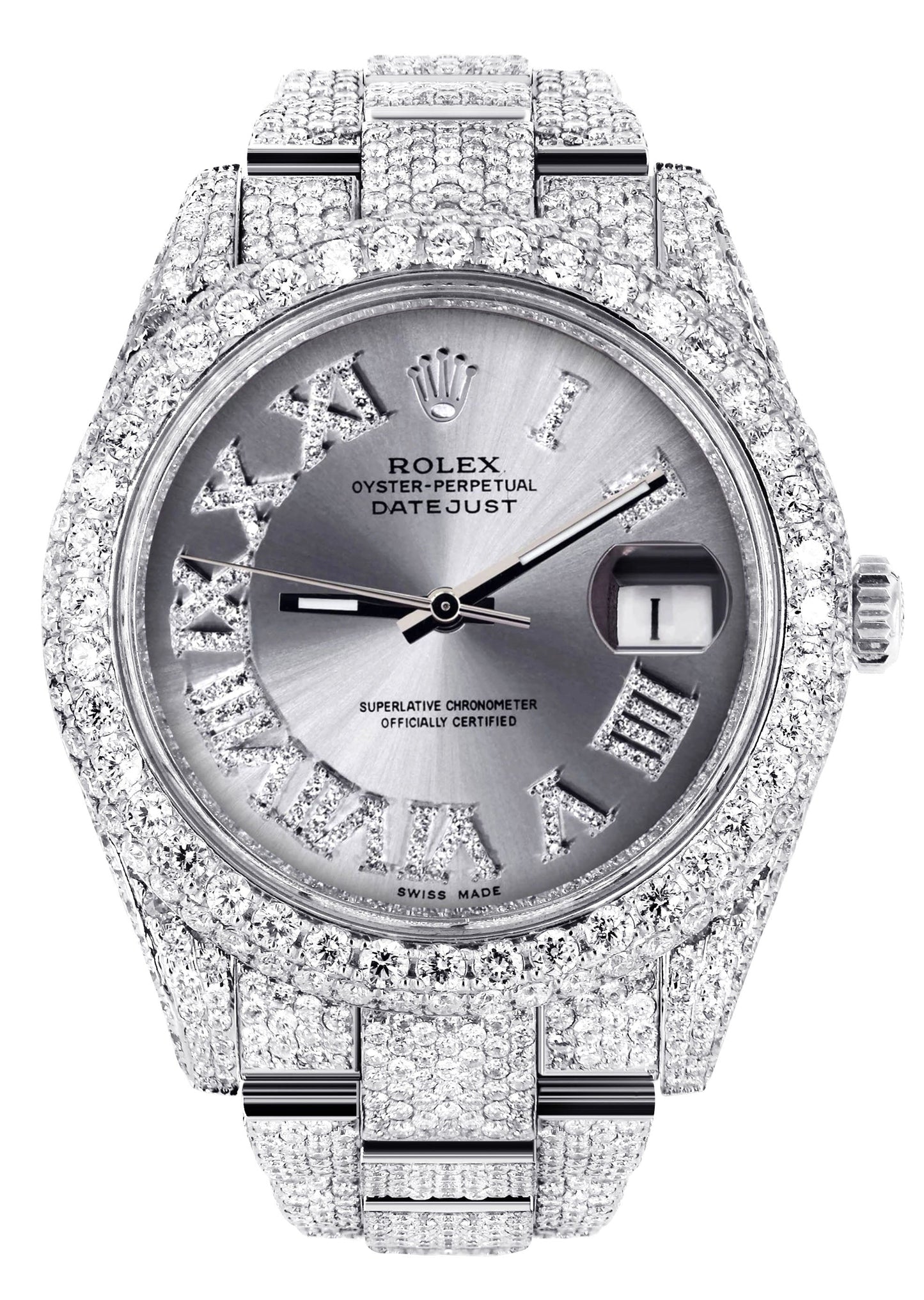 Womens Diamond Iced Out Rolex Datejust 41 | 25 Carats Of Diamonds | Custom Silver Roman Numeral Diamond Dial | Two Row | Oyster Band