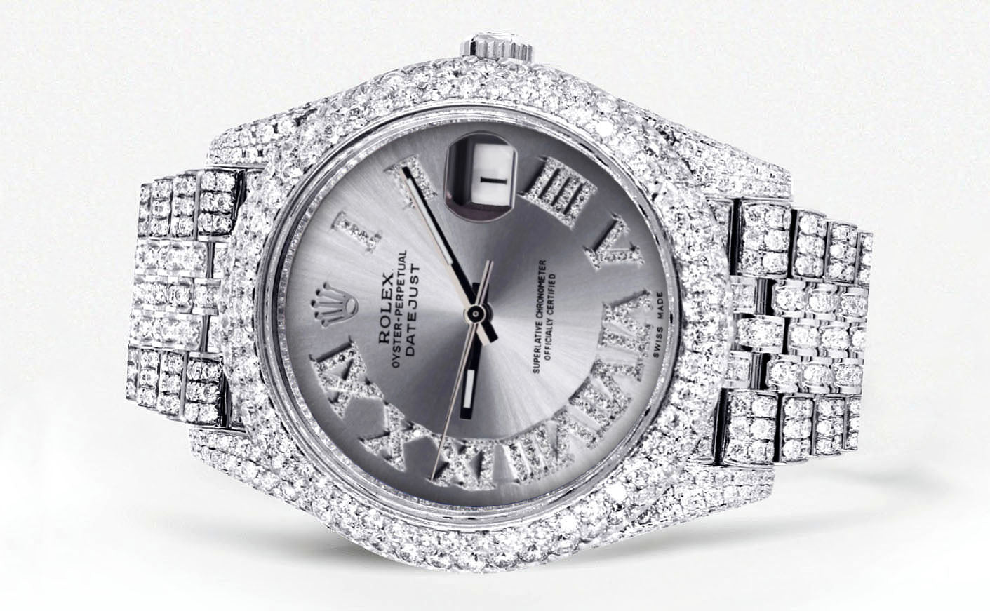 Womens Diamond Iced Out Rolex Datejust 41 | 25 Carats Of Diamonds | Custom Silver Roman Numeral Diamond Dial | Two Row | Jubilee Band