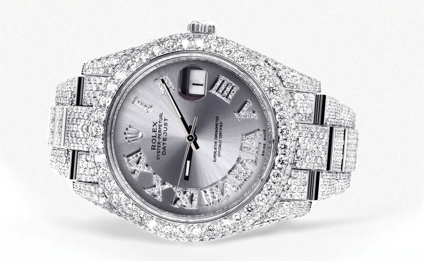 Womens Diamond Iced Out Rolex Datejust 41 | 25 Carats Of Diamonds | Custom Silver Roman Numeral Diamond Dial | Two Row | Oyster Band