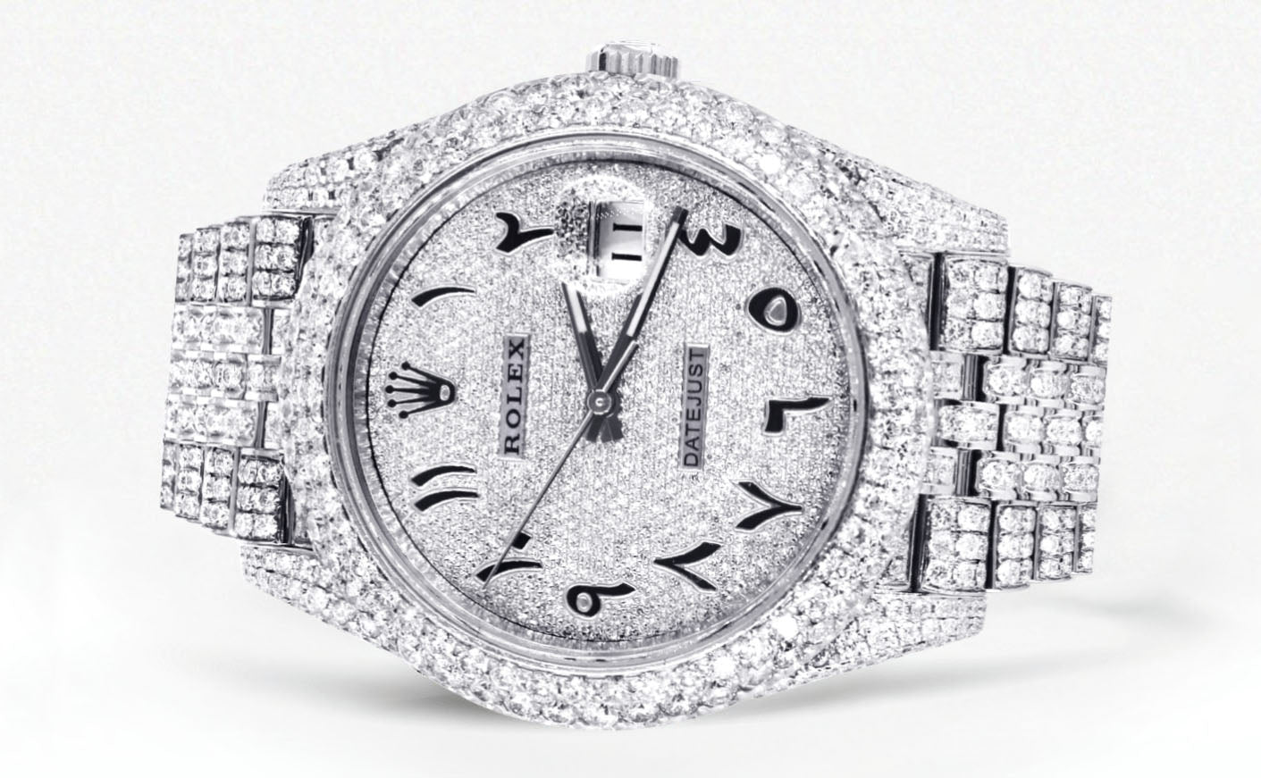 Womens Diamond Iced Out Rolex Datejust 41 | 25 Carats Of Diamonds | Custom Arabic Numeral Diamond Dial | Two Row | Jubilee Band